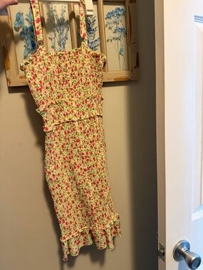 Smocked Floral Sundress with Ruffled Hem - Yellow & Pink